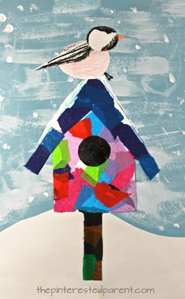 mixed media collage bird on top of a birdhouse winter scene