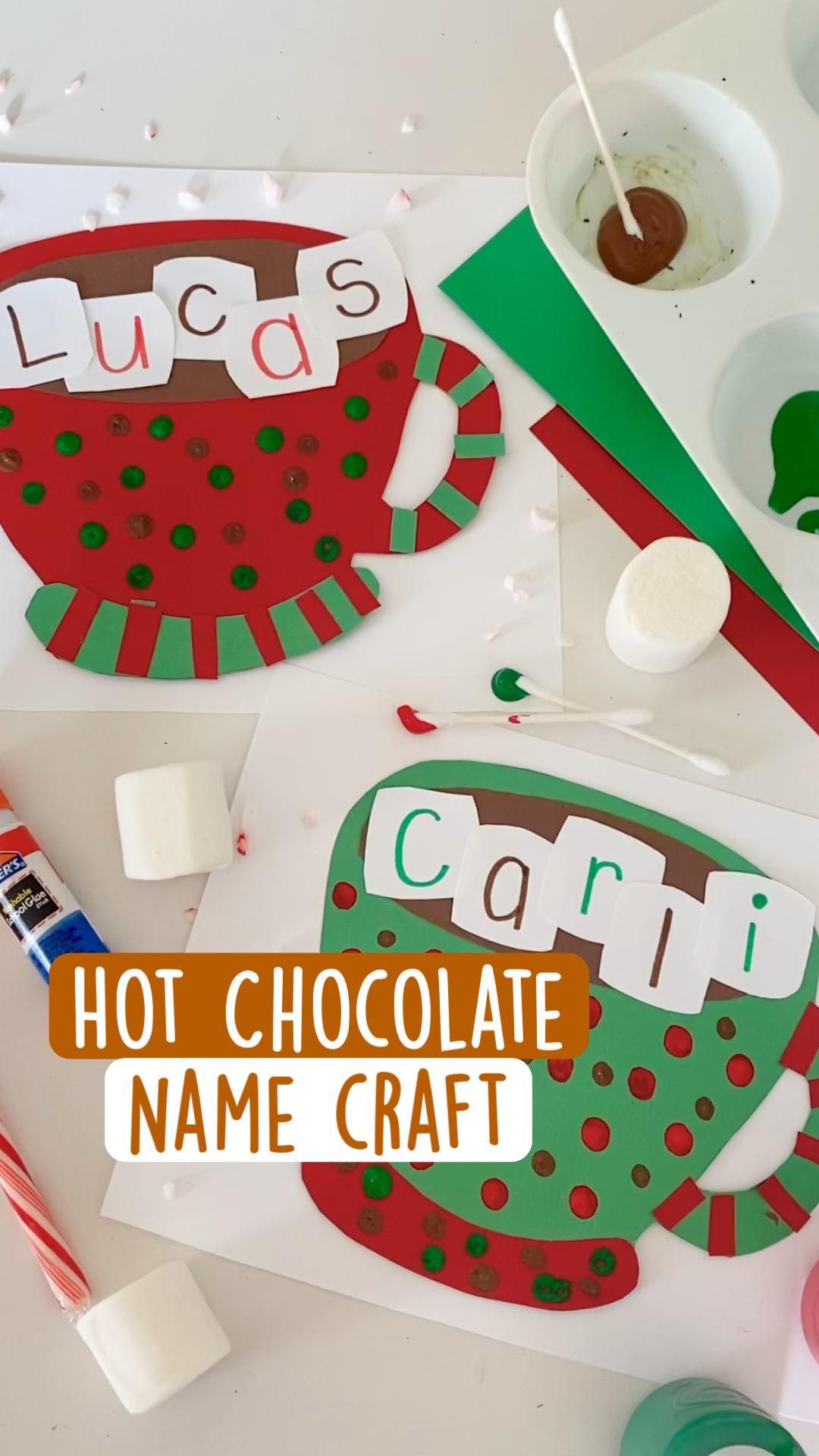 hot chocolate paper craft with child's name in marshmallows