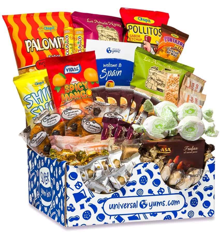 a blue and white box filled with multiple snacks from spain