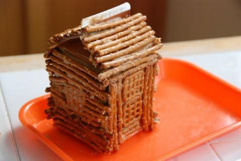 log cabin made of pretzels