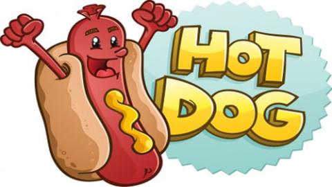 Hot dog in a bun with raised arms.  Word read HOT DOG