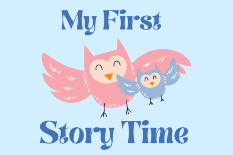 Mommy owl with baby owl.  Text reads, "My First Story Time"