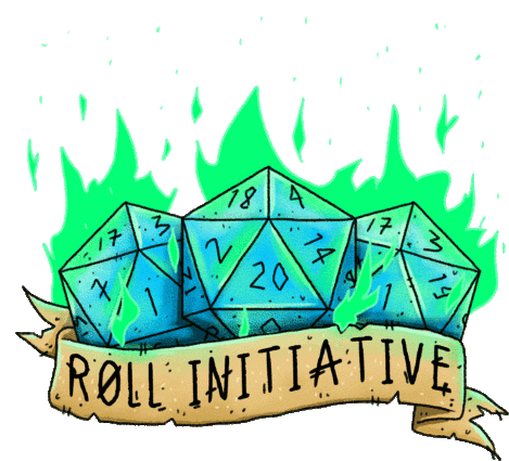 three dice with green flames and a banner that says "roll initiative"