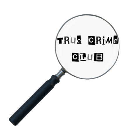 true crime club text in magnifying glass