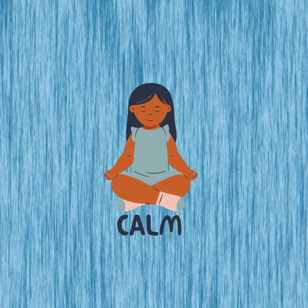 a girl sitting in a meditative pose, with the word calm