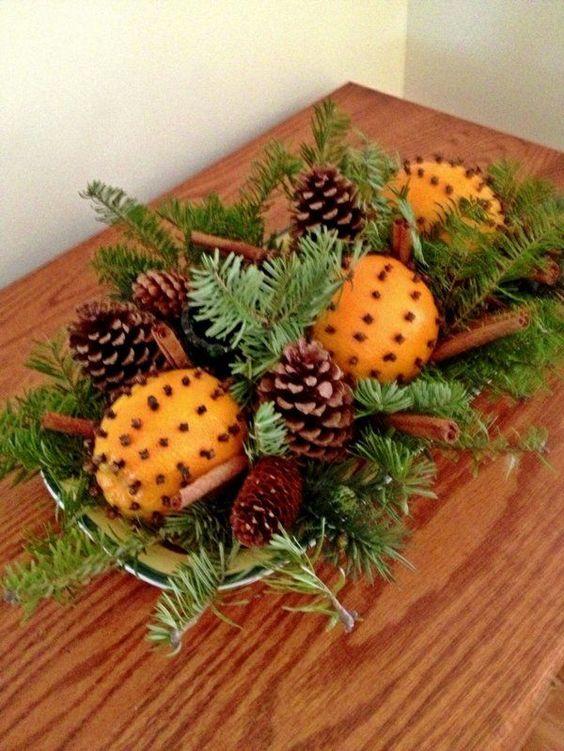 table centerpiece with pinecones