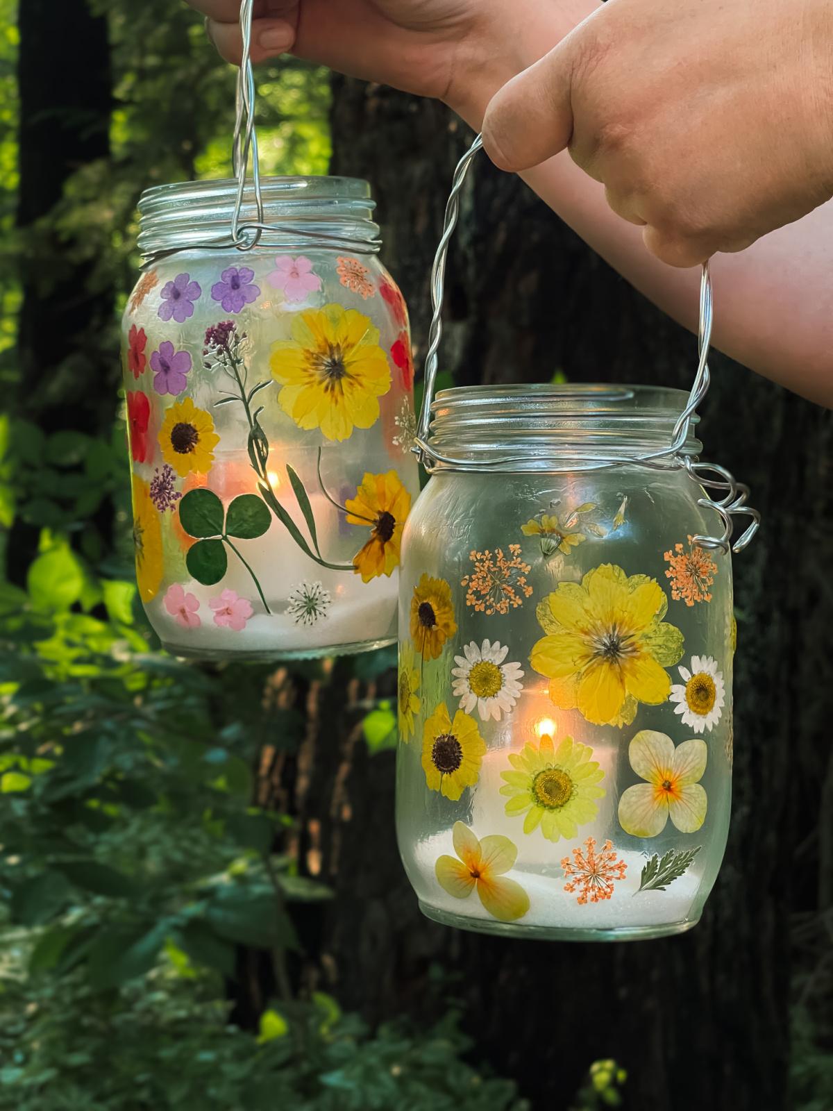 dried flowers on glass jars