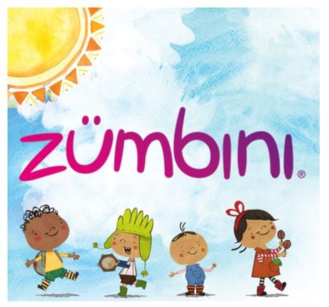 Zumbini Logo. Sun with children. Text reads "Zumbini"