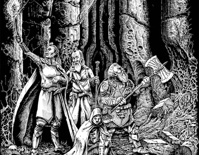 shadowdark adventuring party black and white